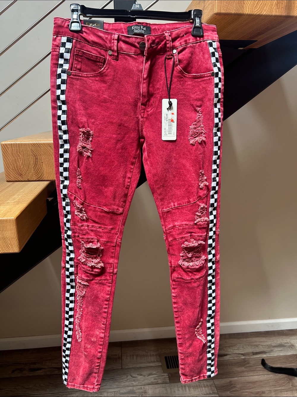 Kitty Kat Red Distressed Skinny Jeans with Checkerboard Side Trim